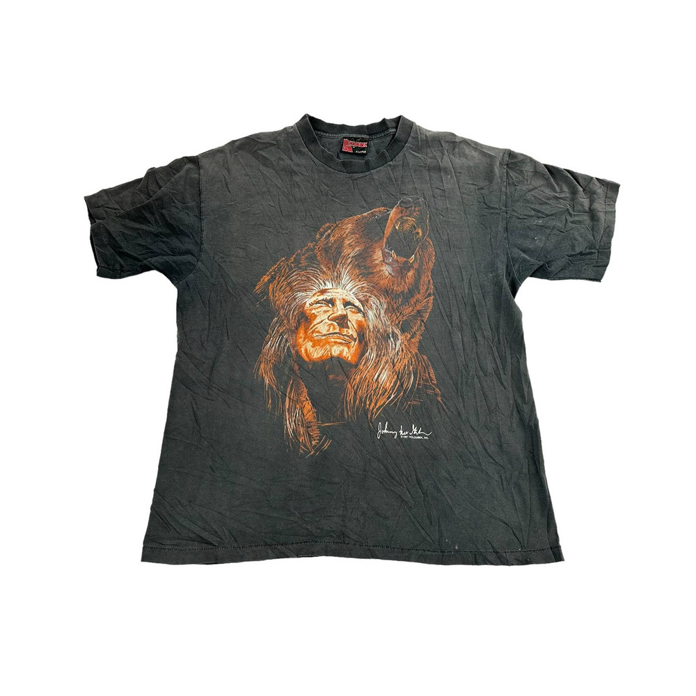 Vintage 90s Holoubek Johnny Lee Native Indian Bear Black XL USA Made Shirt VTG